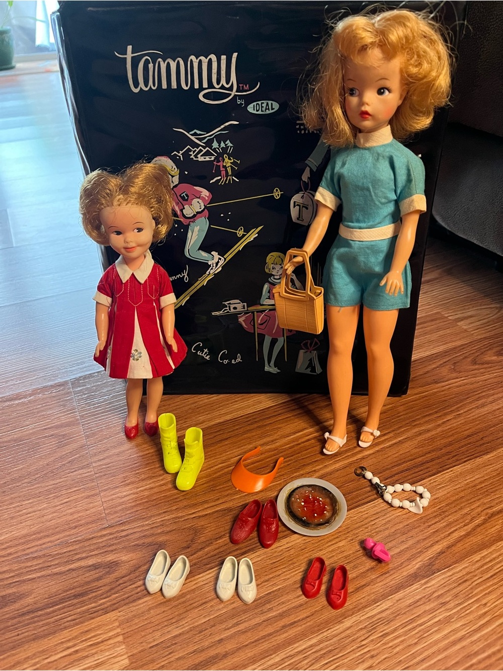 Vintage Tammy Fashion Doll Set with Blue Outfit and Red Dress